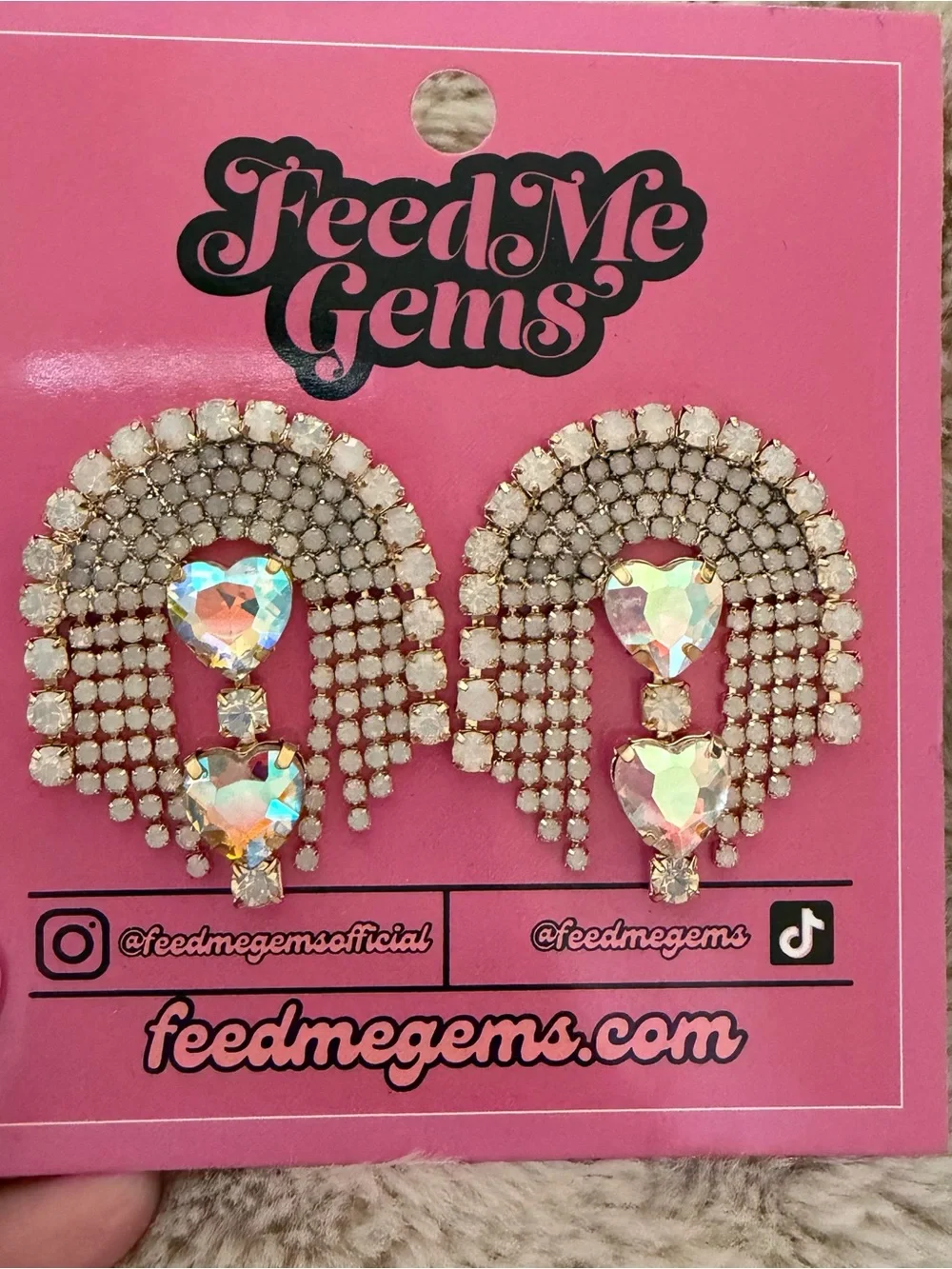Feed me gems Iridescent Heart Crystal Drop Earrings